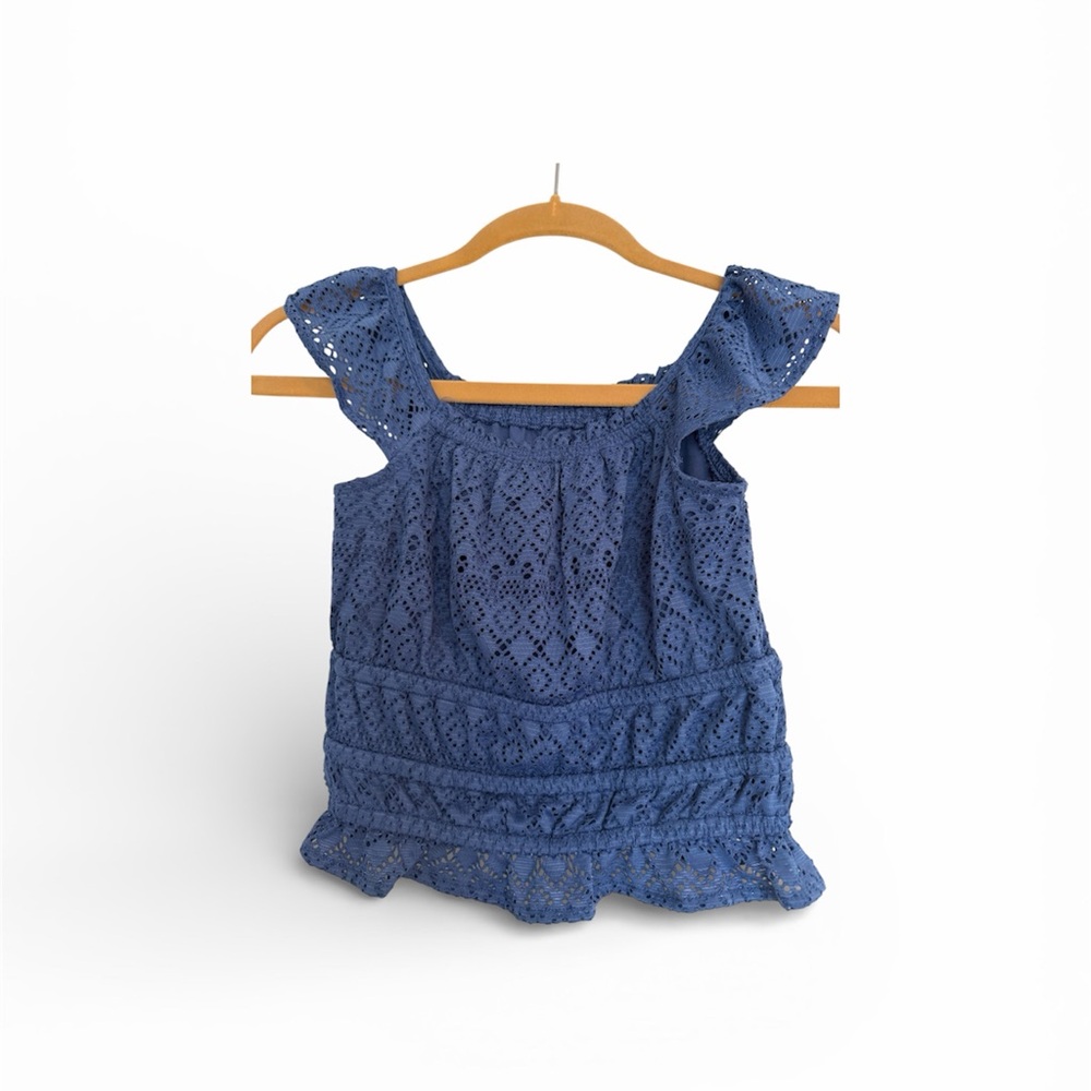 SO Women's Blue Eyelet Crop sleeveless ruffled top‎ size M